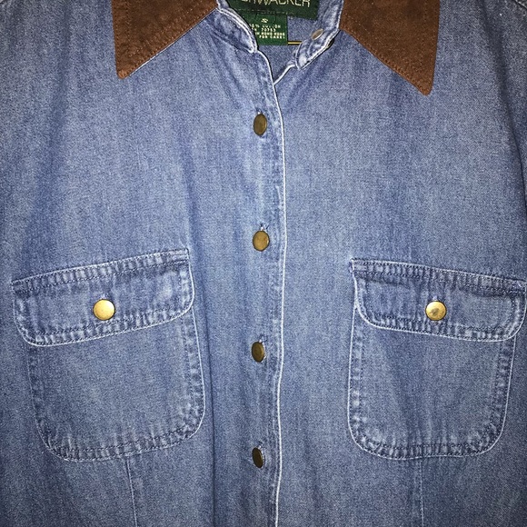 Long sleeved button up denim shirt with faux suede collar, small - Picture 2 of 5